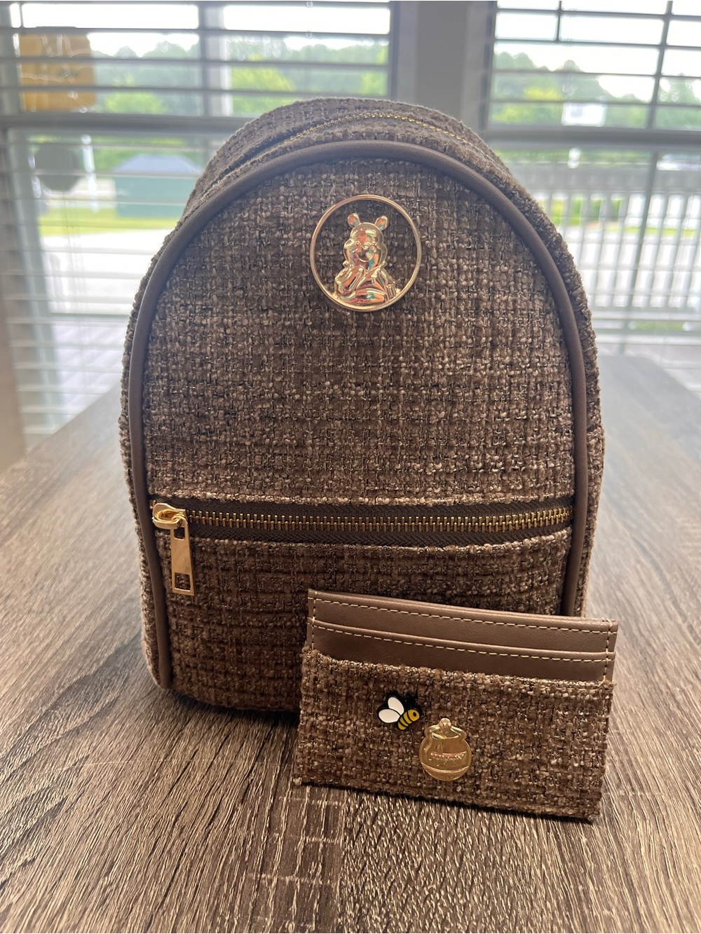 Disney Winnie the Pooh Brown Tweed Mini Backpack with Card holder Set NWOT